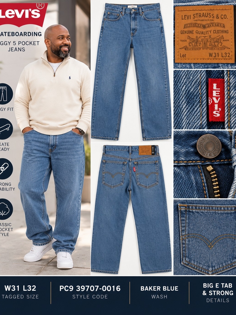 Levi’s Skateboarding Baggy 5 Pocket Big E Jeans W31 L32 Baker